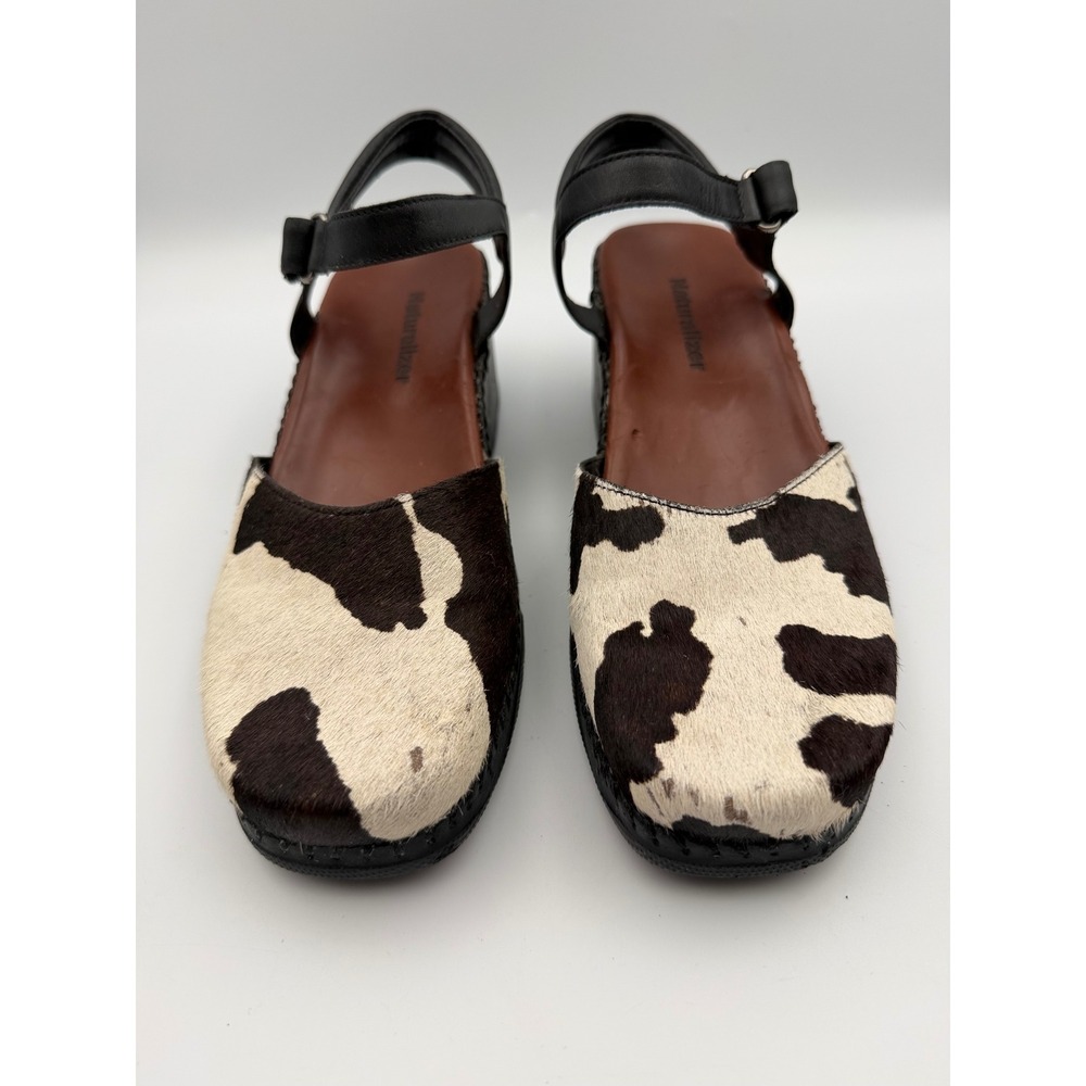 Naturalizer Cow Print Calf Hair Platform Sandals Slingback Clogs Black White 8